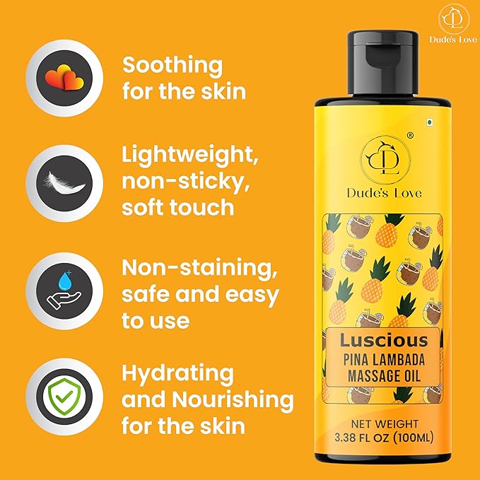 Dude's Love Luscious Pina Lambada Massage Oil - Natural Pleasant Aroma, for Men & Women, Nourishing & Moisturizing - 100 ML (3.38 Fl Oz)