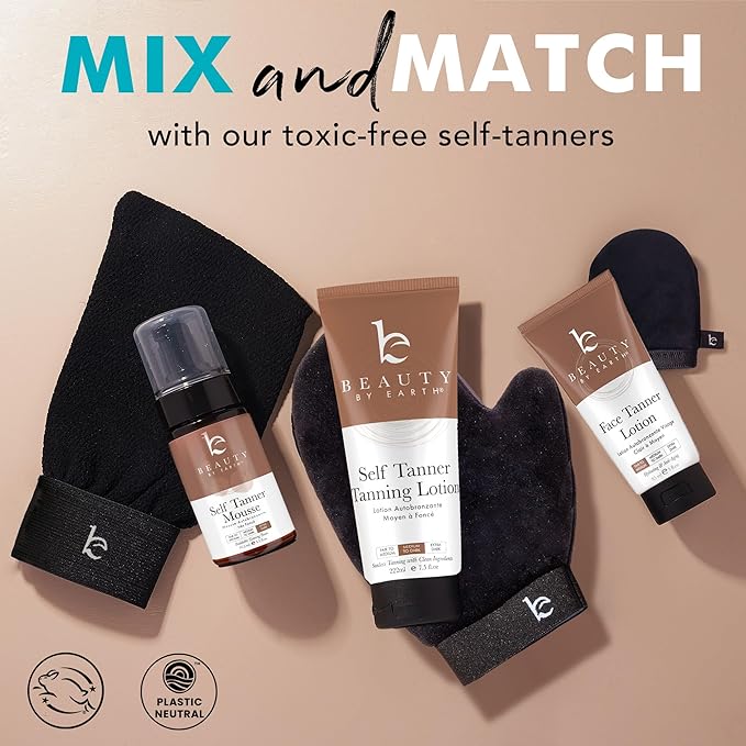 Self Tanner Tanning Mitt Set - Complete Tanning Mitts Kit with Exfoliating Gloves, Face and Body Tanner Glove for the Perfect Fake Self Tan Mit - Self Tanner Glove Mitt Tanning Lotion Applicator