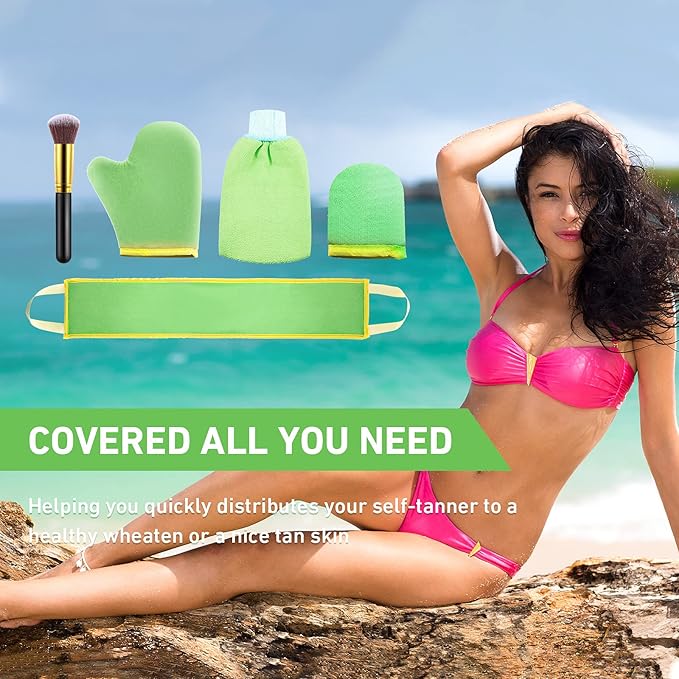 5 Pieces Self Tanning Mitt Applicator Kit, Includes Exfoliating Glove, Tanning Mitt, Mini Face Mitt, Back Lotion Applicator with Self Tanner Brush Large Flat Top Makeup Brush (Green)