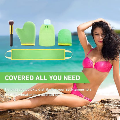 5 Pieces Self Tanning Mitt Applicator Kit, Includes Exfoliating Glove, Tanning Mitt, Mini Face Mitt, Back Lotion Applicator with Self Tanner Brush Large Flat Top Makeup Brush (Green)