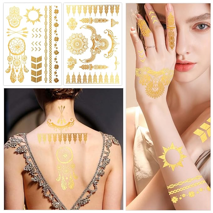 Konsait 9 Sheets Metallic Tattoos, Elaborate Floral Elephant Festival Accessories