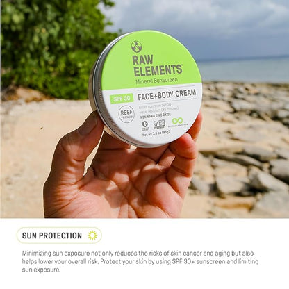 Raw Elements Face and Body Mineral Sunscreen SPF 30 Tin, Organic Sunblock Daily Protection, Non Toxic Reef Safe, Water Resistant, Cruelty Free, Plastic Free, 3 oz (Pack of 2)