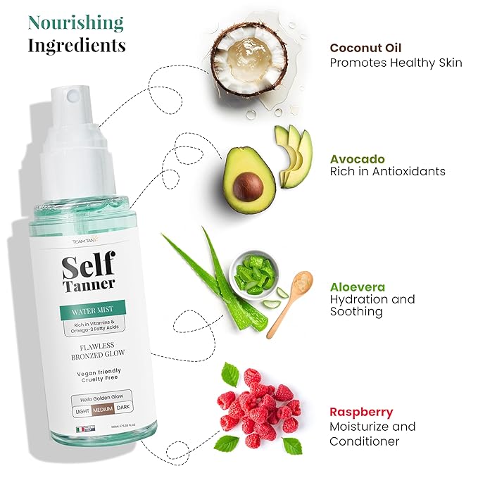 Team Tan Self Tanning Water - Vitamin Infused Self Tanner Mist for Hydrating Face and Body, Sunless Tanning Spray for Fake Tan, No Streaks, Orange Tints or Nasty Smell (Medium)