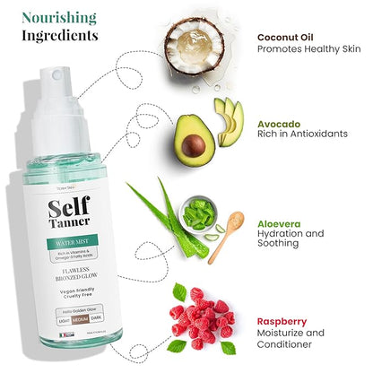 Team Tan Self Tanning Water - Vitamin Infused Self Tanner Mist for Hydrating Face and Body, Sunless Tanning Spray for Fake Tan, No Streaks, Orange Tints or Nasty Smell (Medium)