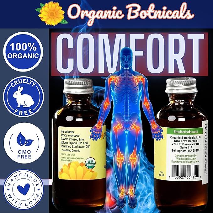 Arnica Oil - Pure Organic Muscle Discomfort Bottle - Organic Arnica Oil for Bruising and Swelling, Arnica Montana Oil for Muscle and Joint Discomfort, Arnica Massage Oil (2 oz)