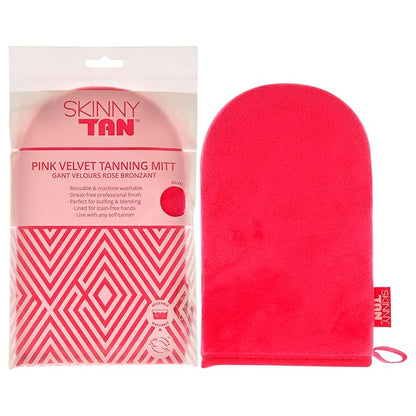 Skinny Tan Pink Velvet Tanning Mitt - Velvety Soft Luxe Texture - Waterproof Lining to Keep Hands Stain Free - Smooth for Flawless Finish - Long-Lasting and Machine Washable - 1 pc Applicator