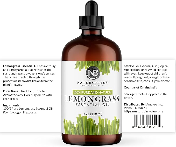 NaturoBliss 100% Pure Lemongrass Essential Oil Therapeutic Grade Premium Quality (4 fl. oz) with Glass Dropper, Perfect for Aromatherapy