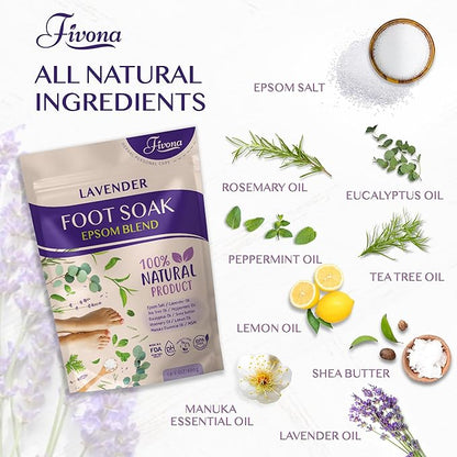 Fivona Foot Soak Blend Epsom Salt with Lavender 14.1 oz - Calming Foot Bath Salt, Relax & Renew Tired Feet, Soothe Soreness, Soften Calluses - Rejuvenating Pedicure Spa at Home