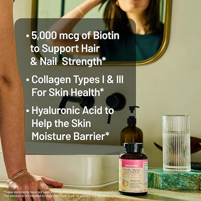 NatureWise Hair Skin and Nails Vitamin, Biotin 5000mcg w/Hyaluronic Acid, Collagen for Women with C, B Complex, D3, A, E, Iron - Non-GMO, Gluten Free - 540 Softgels[6-Month Supply]