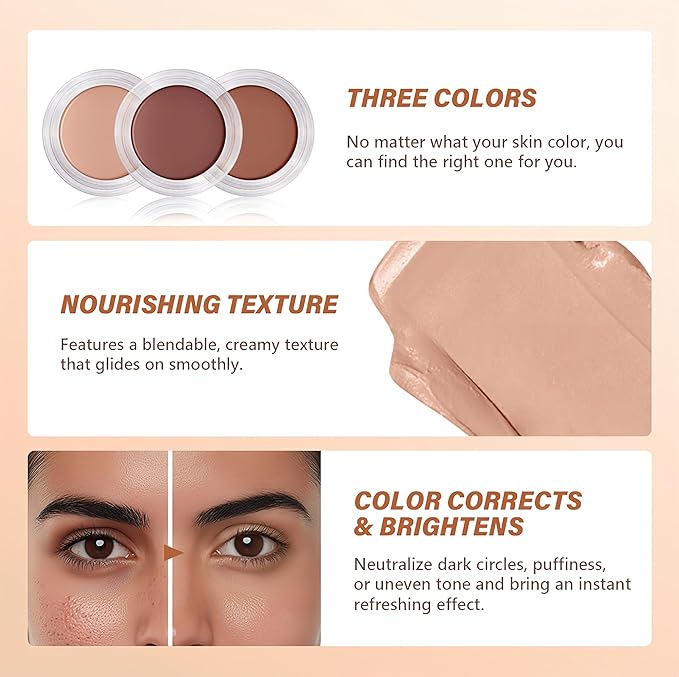 4 Colors Under Eye Brightener, Conceal & Brighten Dark Circles, Nourishing Waterproof Under Eye Cream Pot Concealer Full Coverage Peach Color Corrector Makeup(02 Warm Nude)