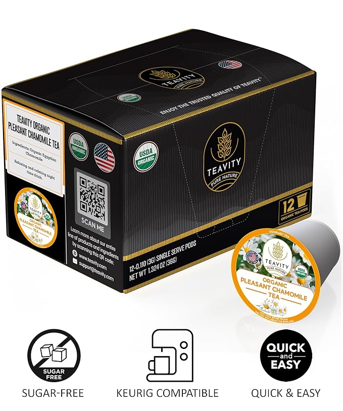 Organic Chamomile Tea Pods for Keurig - Decaf Tea Pods - Pleasant Chamomile by Teavity (12 Tea Pods)