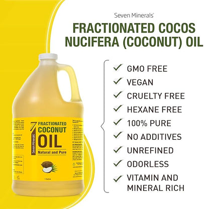 Seven Minerals Pure Fractionated Coconut Oil - 1 Gallon - Non-GMO, 100% Natural, Lightweight Massage Oil for Therapy on Skin, Hair, More - Perfect Bulk Carrier Oil for Essential Oils (128 fl oz)