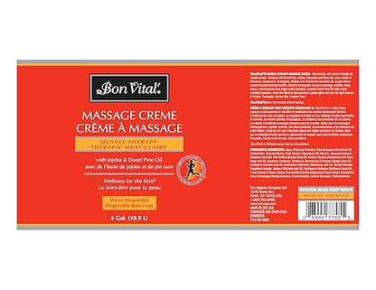 Bon Vital' Muscle Therapy Massage Creme, Professional Massage Cream with Dwarf Pine Oil & Essential Oils for Relaxation & Soreness Relief, Deep Tissue & Sports Massage Techniques, 5 Gallon Pail