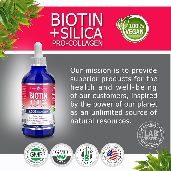 Vegan Liquid BIOTIN with Silica Pro-Collagen 12,500mcg. Supports Healthy Hair, Glowing Skin, Strong Nails. Boost Energy. For Men and Women–Concentrated Formula. Natural Cherry Flavor. 4oz