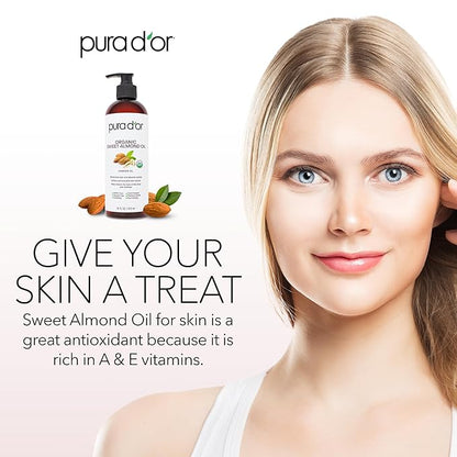 PURA D'OR 16 Oz ORGANIC Sweet Almond Oil - 100% Pure & Natural USDA Certified Cold Pressed Carrier Oil For DIY Beauty - Non-Greasy, Unscented, Hexane Free Moisturizer - Massage Oil For Hair & Skin