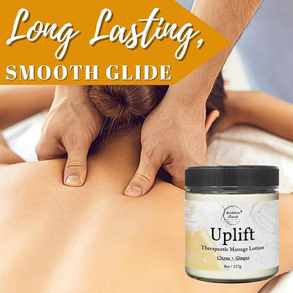 Uplift Massage Lotion for Massage Therapy & Home Use. Moisturizing Cream for Effortless Glide. Shea Butter, Coconut Oil, Aloe Vera & Ginger Citrus Essential Oils - Brookethorne Naturals