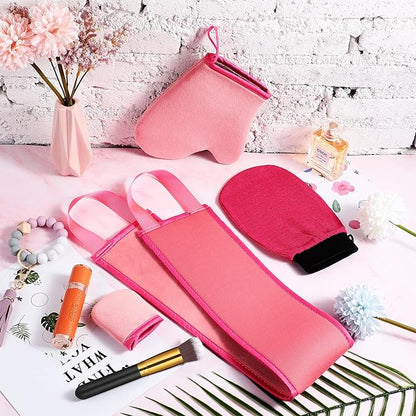 5 Pieces Self Tanning Mitt Applicator Kit, Includes Exfoliating Glove, Tanning Mitt, Mini Face Mitt, Back Lotion Applicator with Self Tanner Brush Large Flat Top Makeup Brush (Pink)