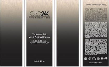 GLO24K Timeless Serum with 24k Gold, Peptides, and Vitamins A,C,E. A Powerful formula to nourish and revitalize your skin.