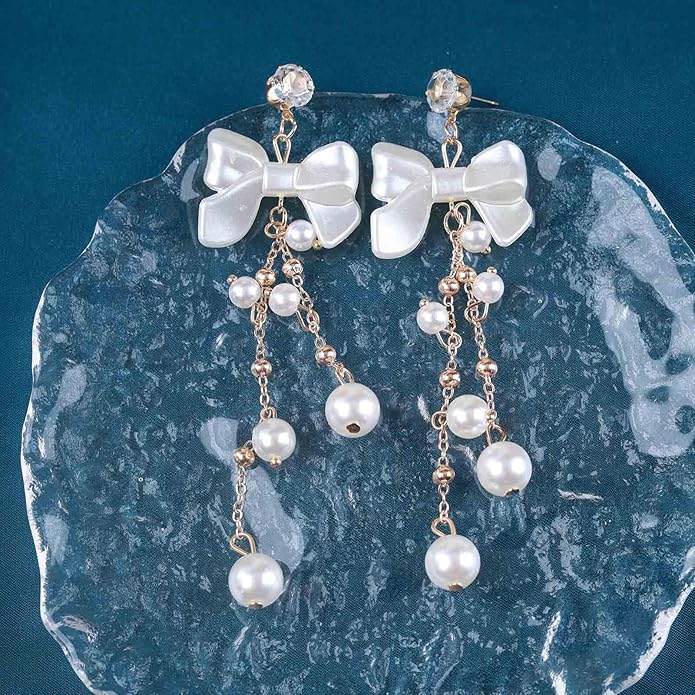 Vintage Crystal Pearl Drop Earrings Pearl Bow Dangle