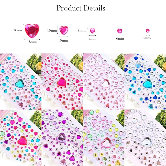 808 Pieces Heart Rhinestones Stickers Self Adhesive Flat-Back DIY Craft