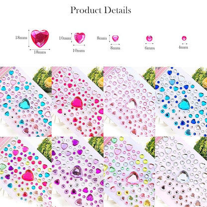 808 Pieces Heart Rhinestones Stickers Self Adhesive Flat-Back DIY Craft