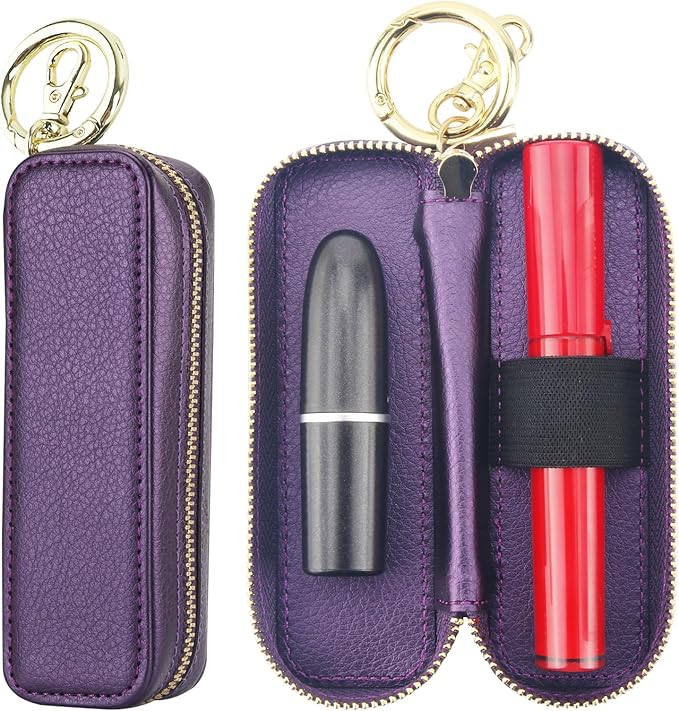 Bocasal Leather Lipstick Case Holder Chapstick Keychain Pouch, Zipper Lip Balm Lip Gloss Bag for Purse with Elastic Band, Makeup Travel Organizer, Cosmetic Storage Kit for Women Girls (Dark Purple)