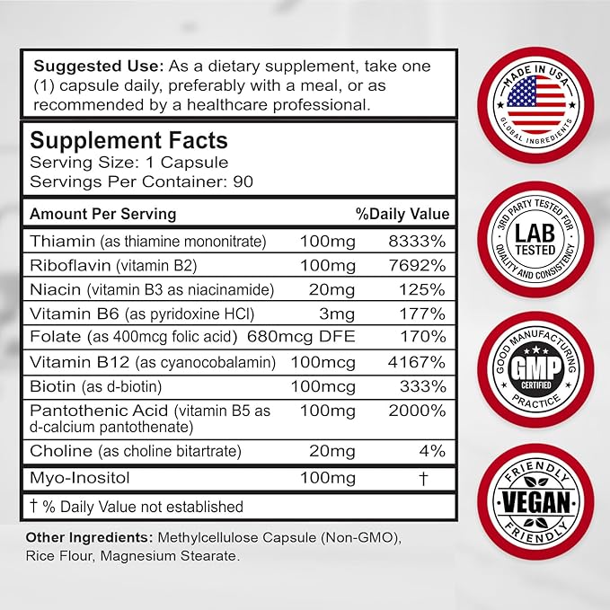 Divine Bounty Super B Complex Vitamins - All B Vitamins Including B12, B1, B2, B3, B5, B6, B7, B9, Folic Acid - Vitamin B Supplement - Support Healthy Energy Metabolism - 90 Vegetarian Capsules