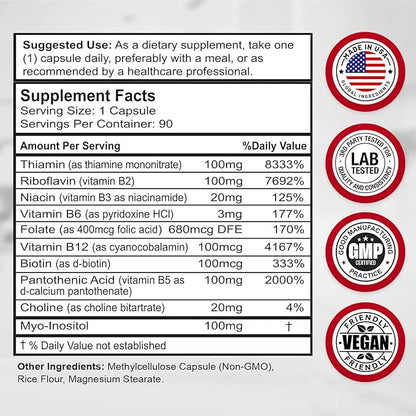 Divine Bounty Super B Complex Vitamins - All B Vitamins Including B12, B1, B2, B3, B5, B6, B7, B9, Folic Acid - Vitamin B Supplement - Support Healthy Energy Metabolism - 90 Vegetarian Capsules