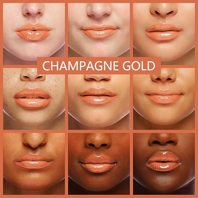 Lip Oil, Hydrating Lip Gloss Tinted Lip Balm Transparent Lip Care, Big Brush Head Glitter Shine, Long Lasting Nourishing Non-sticky Fresh Texture, Transparent+Champagne Gold