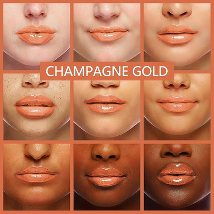 Lip Oil, Hydrating Lip Gloss Tinted Lip Balm Transparent Lip Care, Big Brush Head Glitter Shine, Long Lasting Nourishing Non-sticky Fresh Texture, Transparent+Champagne Gold
