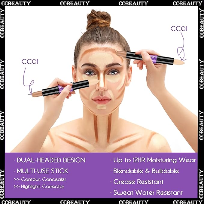 CCbeauty 2pcs 2-IN-1 Matte Contour Concealer Stick Cool