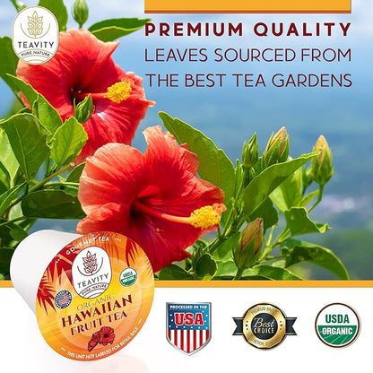 Organic Hibiscus Tea Pods with Peach, Mango, & Passionfruit - Naturally Decaf Tea - Hawaiian Fruit Tea by Teavity (36 Tea Pods)