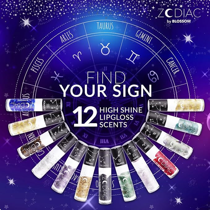 Blossom Zodiac Sign Vanilla Scented Moisturizing Roll-On Lip Gloss with Crystals, Made in USA, 0.20 fl. oz./5.9ml, Taurus