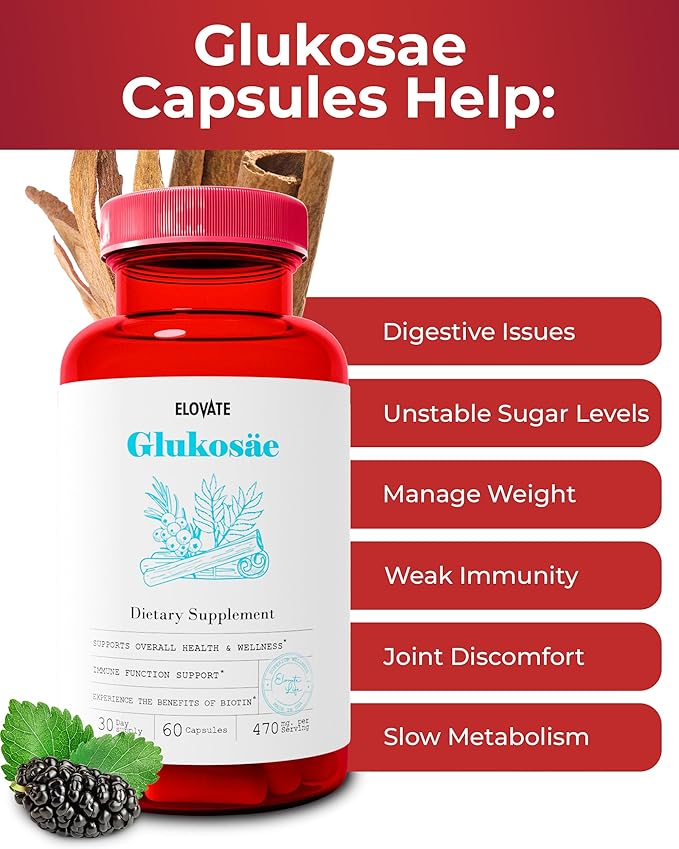 Elovate Glukosae Capsules, 1310mg - All-Natural, 3rd-Party-Tested, Non-GMO & Gluten-Free Complex with Guggul Extract, Biotin, Ceylon Cinnamon, & Ashwagandha for Overall Vitality, 60 Counts
