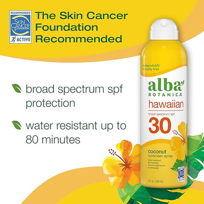 Alba Botanica Sunscreen Spray for Face and Body, Broad Spectrum SPF 30 Sunscreen, Hawaiian Coconut, Water Resistant and Biodegradable, 5 fl. oz. Bottle