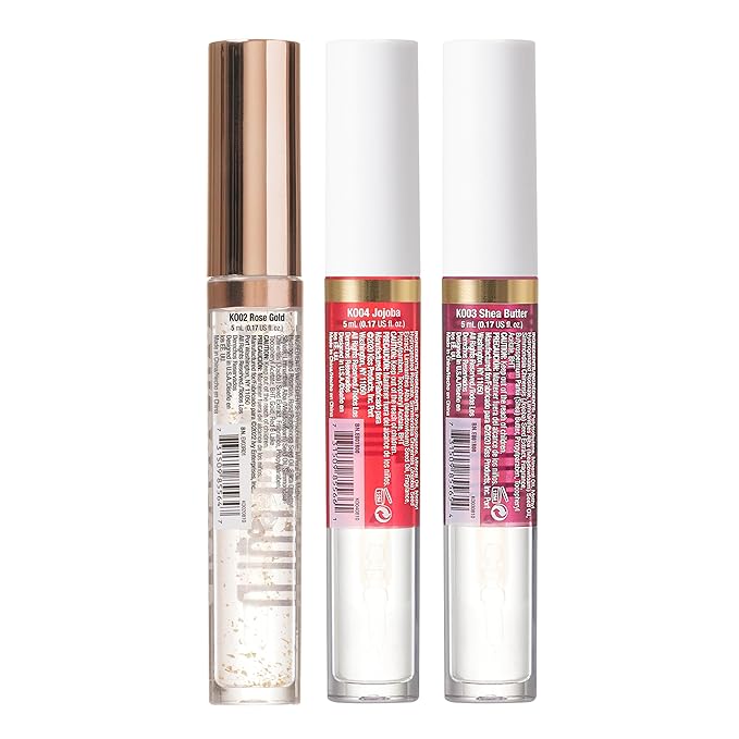 Kiss New York 3 PACK Lip Oil Gloss, Hydrating Non-Sticky Lip Oil, 100% Natural Oil Clear Lip Gloss, Lightweight Lip Moisturizer (Rosegold & Shea Butter & Jojoba)