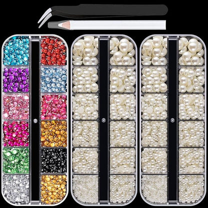 Flat Back Rhinestone+Half Round Pearl Kits Colorful Rhinestones+Beige
