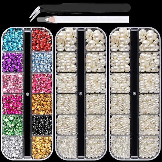 Flat Back Rhinestone+Half Round Pearl Kits Colorful Rhinestones+Beige