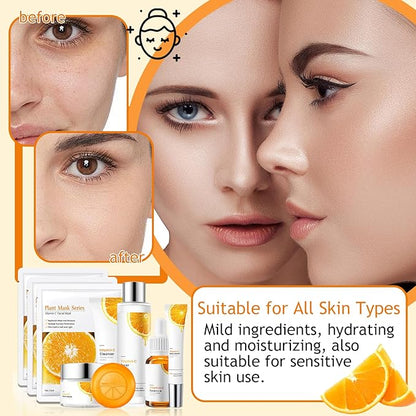 Vitamin C Skincare Set,Hydrating Travel Size Face Wash,Moisturizing Face Toner & Face Serum & Face Cream,Eye Cream Skin Care Gift Set for Women（9PCS)