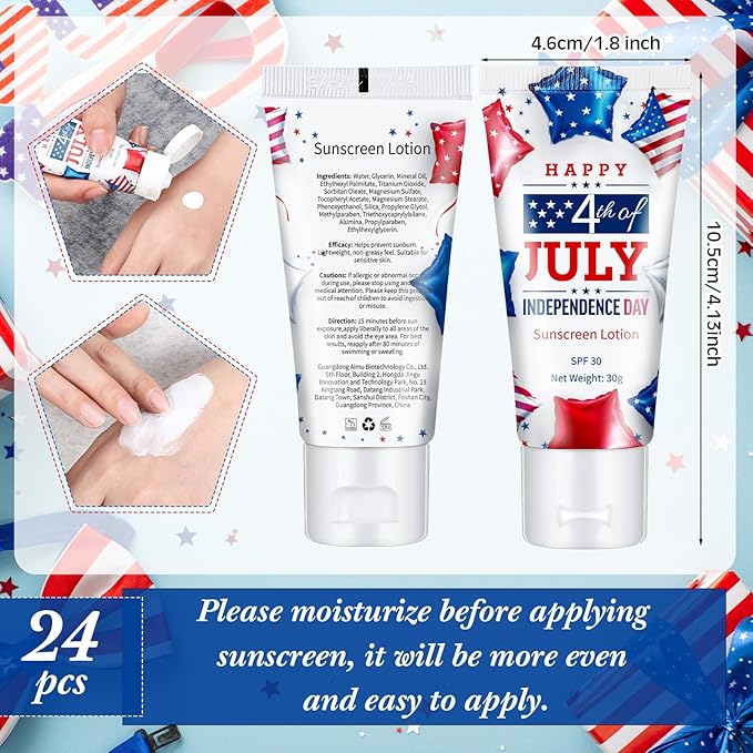 24 Pcs 4th of July Party Supplies Bulk Spf 30 Mini Sunscreen for Summer Independence Day Party 1oz Travel Size Thank You Gifts for Patriotic Favors Supplies