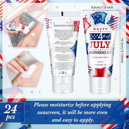 24 Pcs 4th of July Party Supplies Bulk Spf 30 Mini Sunscreen for Summer Independence Day Party 1oz Travel Size Thank You Gifts for Patriotic Favors Supplies