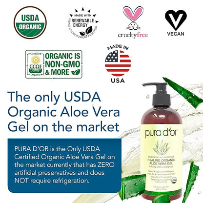 PURA D'OR 16 Oz ORGANIC Aloe Vera Gel - Lemongrass - All Natural - ZERO Artificial Preservatives - Deeply Hydrating & Moisturizing - Sunburn, Bug Bites, Rashes, Small Cuts, Eczema Relief - Skin & Hair