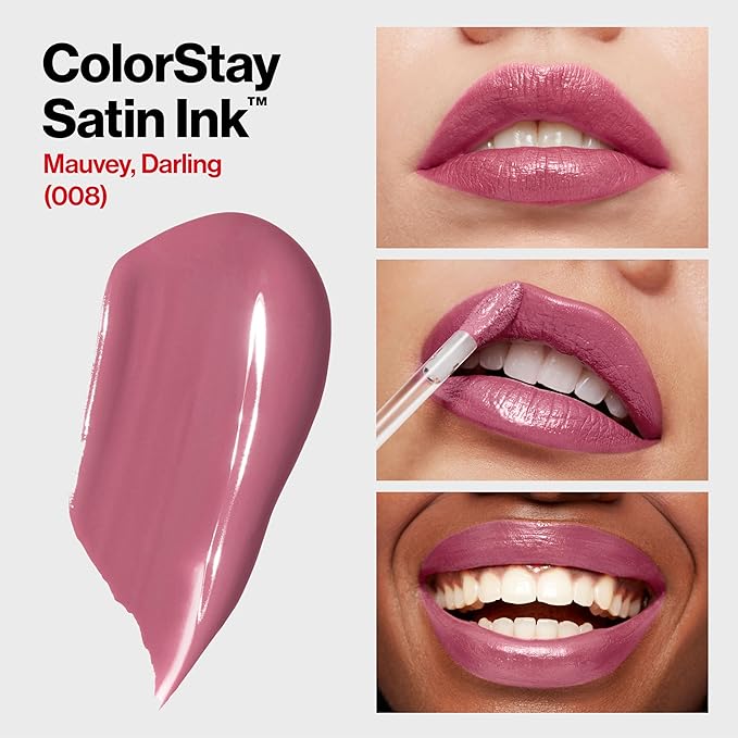 Revlon Liquid Lipstick, Face Makeup, ColorStay Satin Ink, Longwear Rich Lip Colors, Formulated with Black Currant Seed Oil, 008 Mauvey, Darling, 0.17 Fl Oz