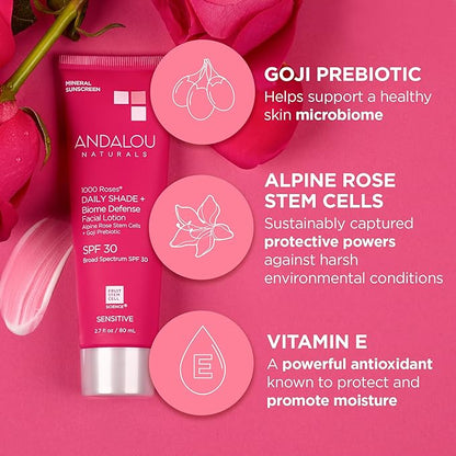Andalou Naturals Daily Shade Face Sunscreen, 1000 Roses, SPF 30 Mineral Sunscreen with Zinc Oxide, Skin Barrier Defense + Broad Spectrum Protection, Gentle & Soothing, for Sensitive Skin - 2.7 Fl Oz