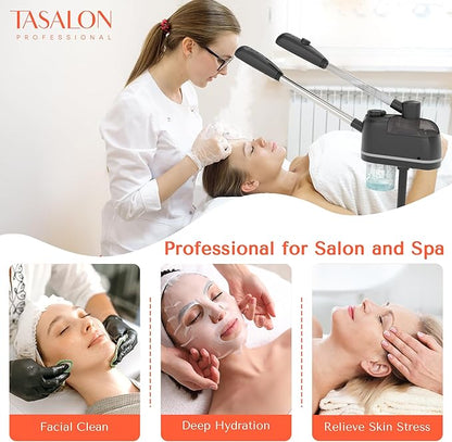 TASALON 2 in 1 Professional Facial Steamer on Wheels -with Ozone and Hot & Cold Mist, Ionic Facial Steamer Kit for Facial Deep Cleaning and Moisturize, SPA & Home, Ozone Face Humidifier - Black