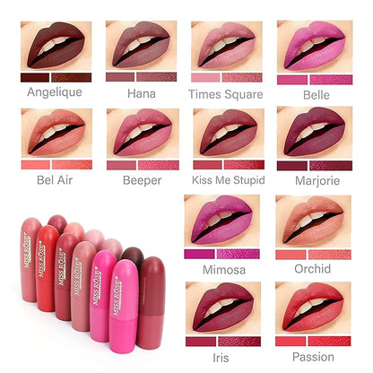 Miss Rose Matte Lipstick for Women, 12 Stunning Long Lasting Lipstick Shades, Waterproof, Highly-Pigmented, Hydrating, Smudge-Proof, Set for Makeup Lovers, Lipstick Set for All Occasions