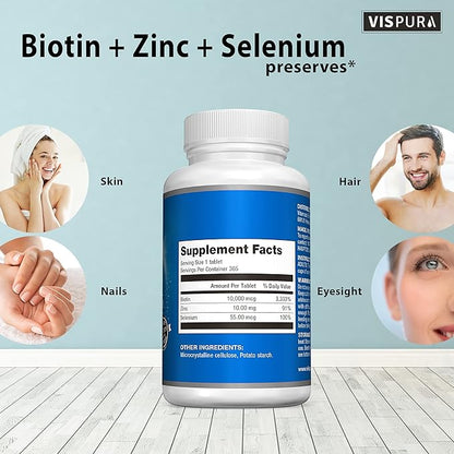 Biotin 10000 mcg + Zinc + Selenium, Pure, Vegan & Extra Strong, Best Supplement for Hair Growth, Glowing Skin, Strong Nails*, 365 Tablets for 12 Months, Natural Without Additives