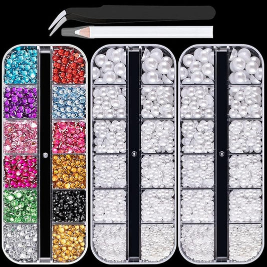 Flat Back Rhinestone+Half Round Pearl Kits Colorful Rhinestones+White