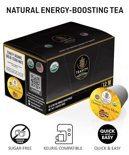 Organic Yerba Mate Tea Pods for Keurig - Green, Unsmoked Yerba Mate by Teavity (12 Tea Pods)