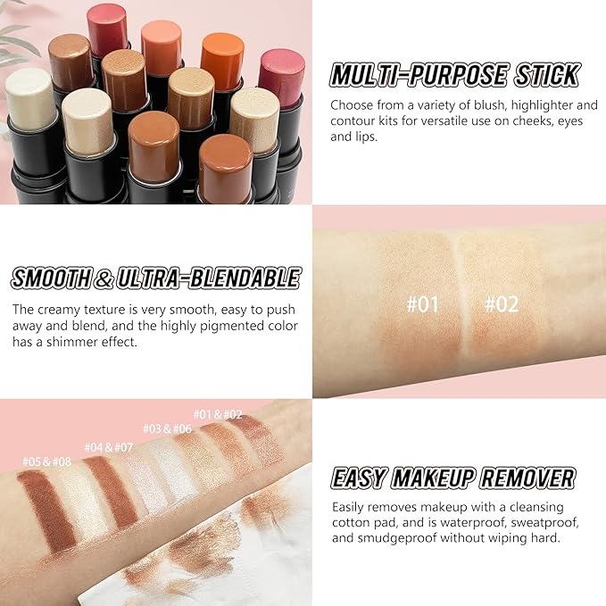 2Pcs Highlighter Stick Cream Contour Stick Makeup Kit,